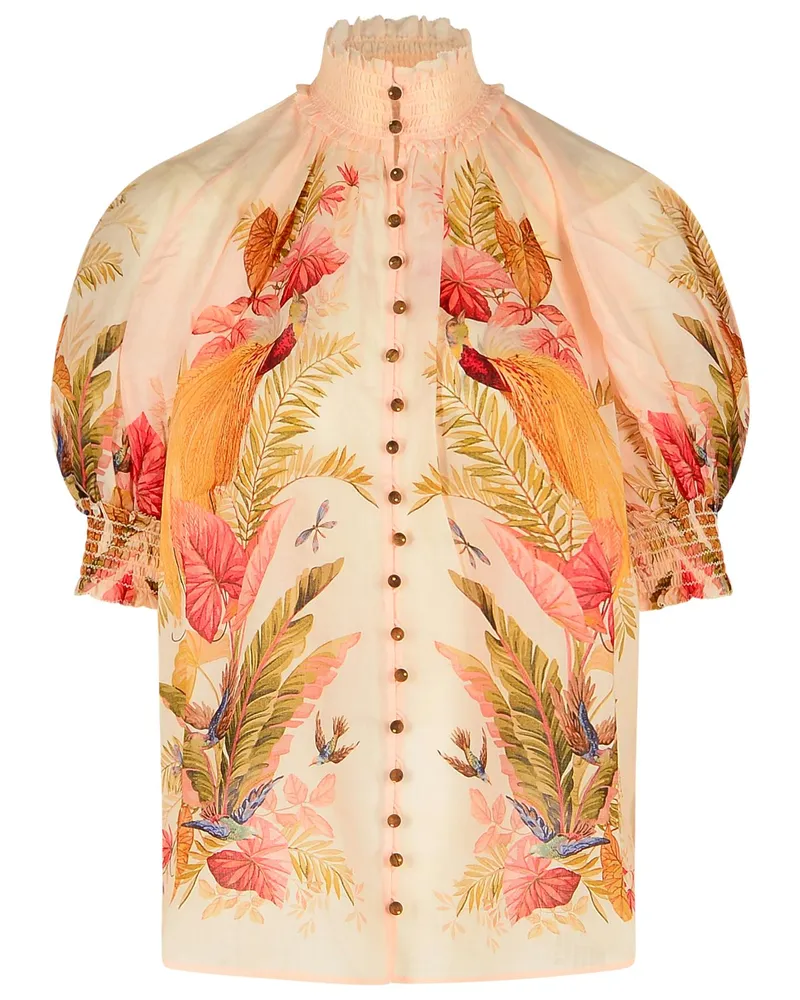 Zimmermann Billow' Ramie Puff Sleeves Bluse in 'Creme Palm Floral Cream