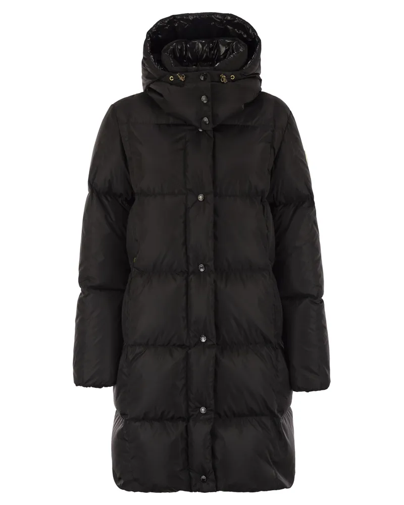 Moncler Little Long Down Jacke mit quadratischer Quilt und Motorhaube Black
