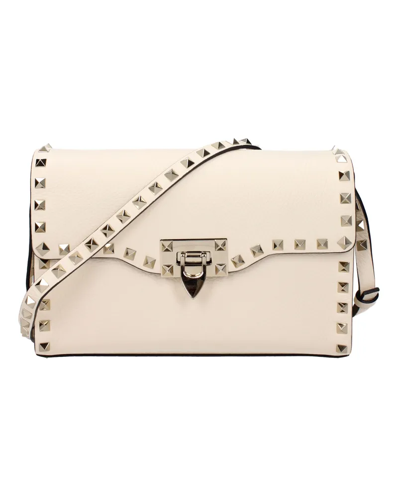 Valentino Garavani Damens Umhängetasche „Rockstud“ aus hellem Leder in Beige/Elfenbein -