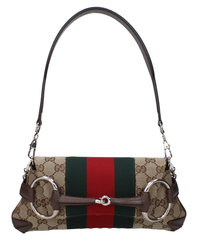 Gucci Horsebit Chain Umhängetaschen für Damen Stoff Beige/Braun -