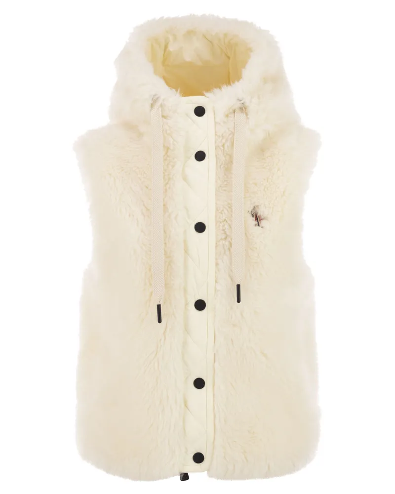 Moncler Arve Teddy-Effekt-Fleece-gepolsterte Weste mit Kapuze White