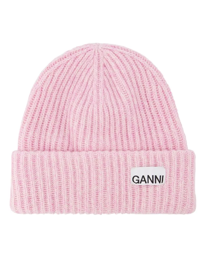 Ganni Rippen Beanie Hut in rosa recycelte Wolle/Poly Rosa