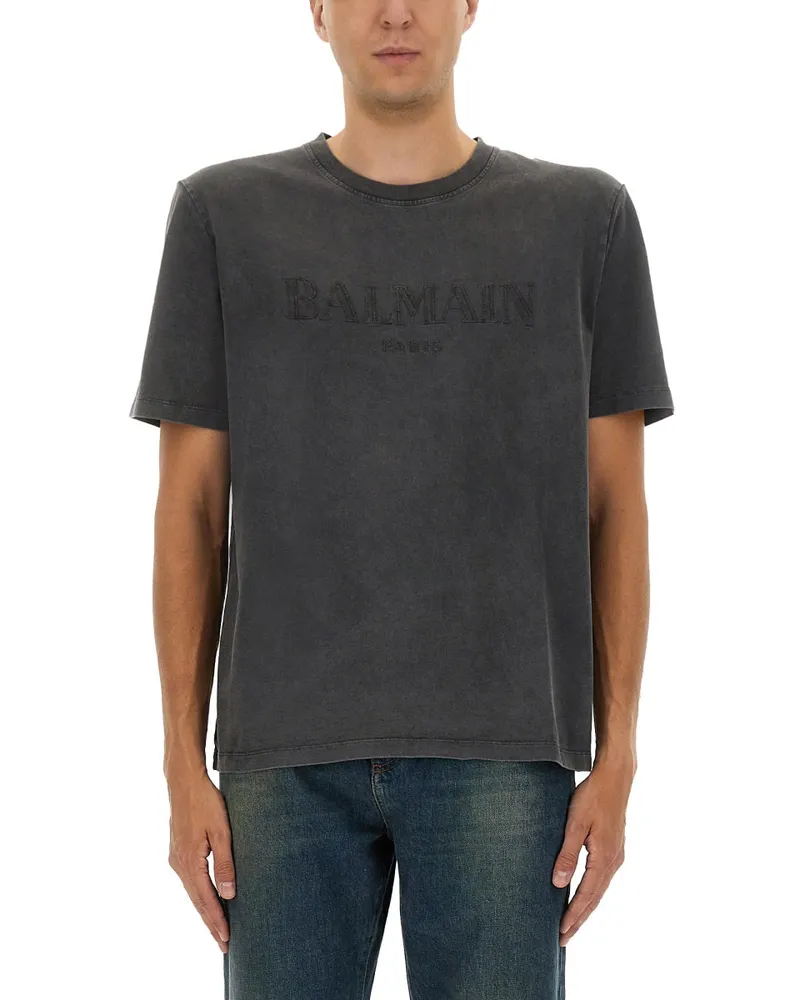 Balmain T -Shirt mit Logo -Stickerei Grey