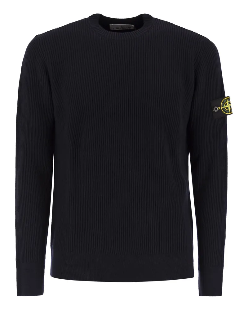 Stone Island Crew Neck Jumper With Ribbed Edges Navy