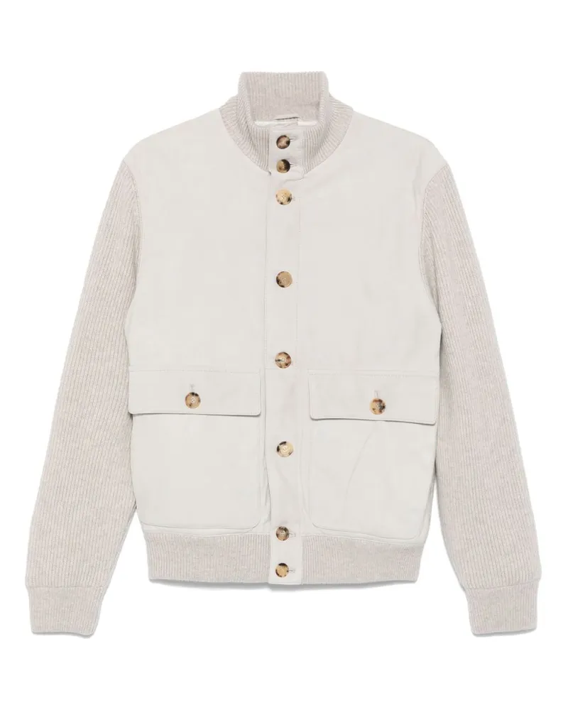 Brunello Cucinelli Leder- und Wollbomberjacke White