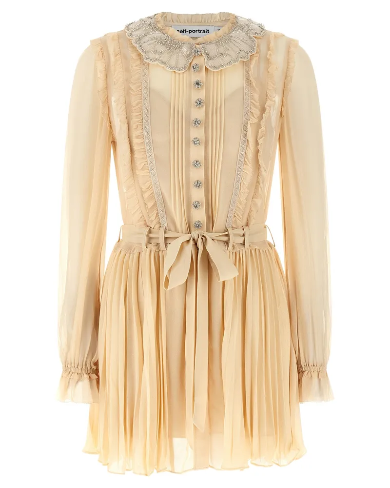 Self-Portrait Tan Plissee Georgette Mini“-Kleid Yellow