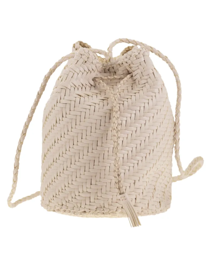 Dragon Pompom Double Jump Bucket Bag With Woven Leather Sand