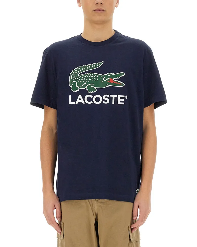 Lacoste Baumwoll -T -Shirt mit Druck Blue