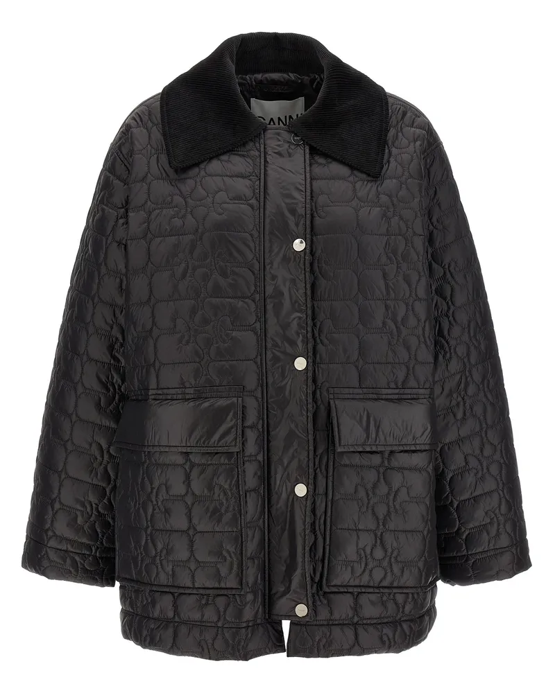 Ganni schwarzer glänzender Quilt Midi' Jacke Black