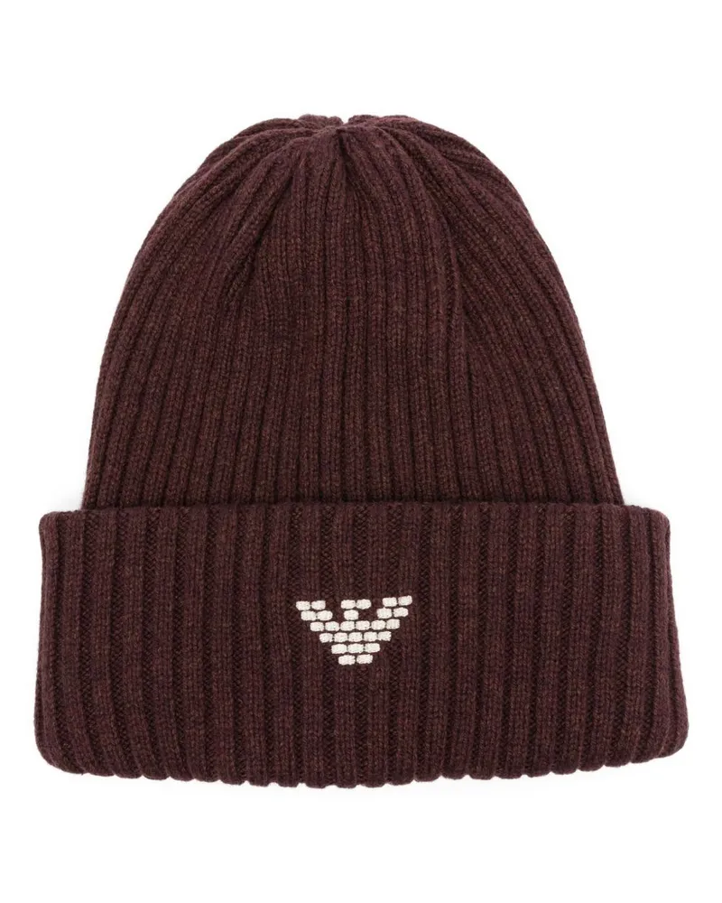 Emporio Armani Logo Wolle Mischung Beanie Bordeaux