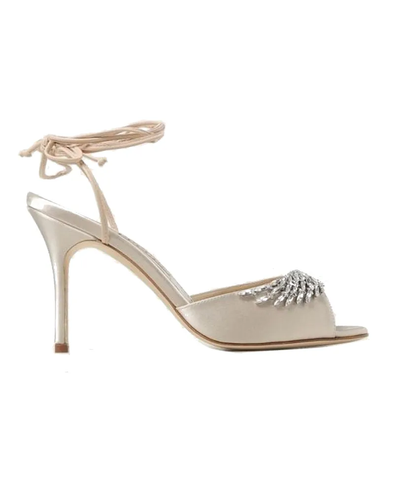 Manolo Blahnik Plumena 090 Satinsandalen Beige
