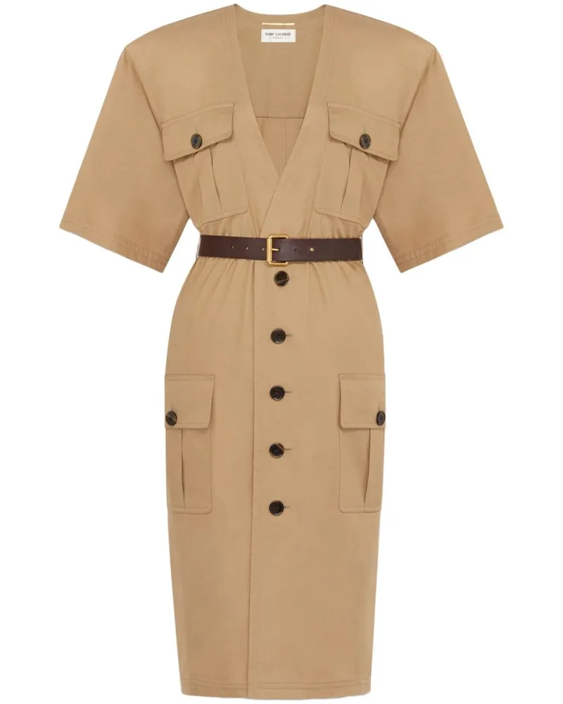 Saint Laurent Cotton Twill Midi Kleid Beige