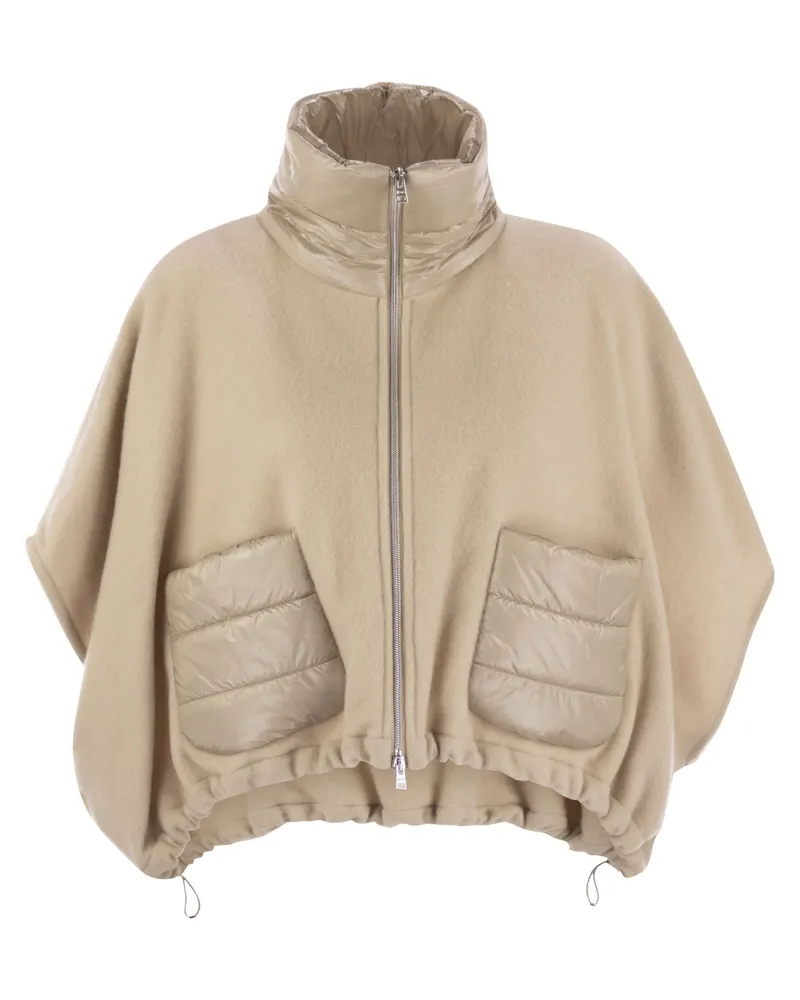 Herno Resort Poncho In Wool And Cashemre With Ultralight Nylon Details Beige