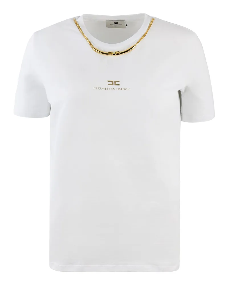 Elisabetta Franchi T -Shirt in Jersey di Cotone Con Collana Bianca Gesso