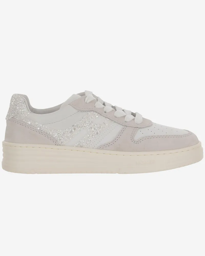 Hogan Leder -Turnschuhe mit Glitzer -Logo White