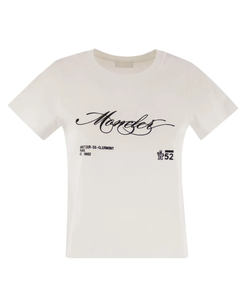Moncler Baumwoll -T -Shirt mit gesticktem kursivem Logo White