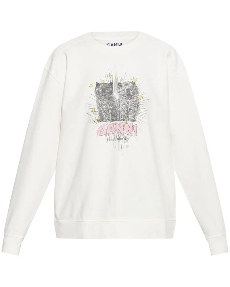 Ganni Kätzchen drucken Baumwoll -Sweatshirt Beige