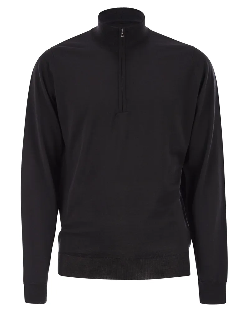 John Smedley Barrow – Hochgeschlossener Pullover mit halbem Reißverschluss Black