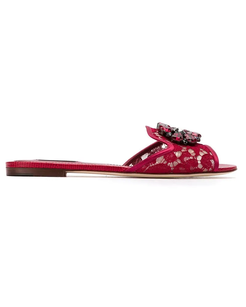 Dolce & Gabbana Crystal Lace Lace Flat Sandals Red