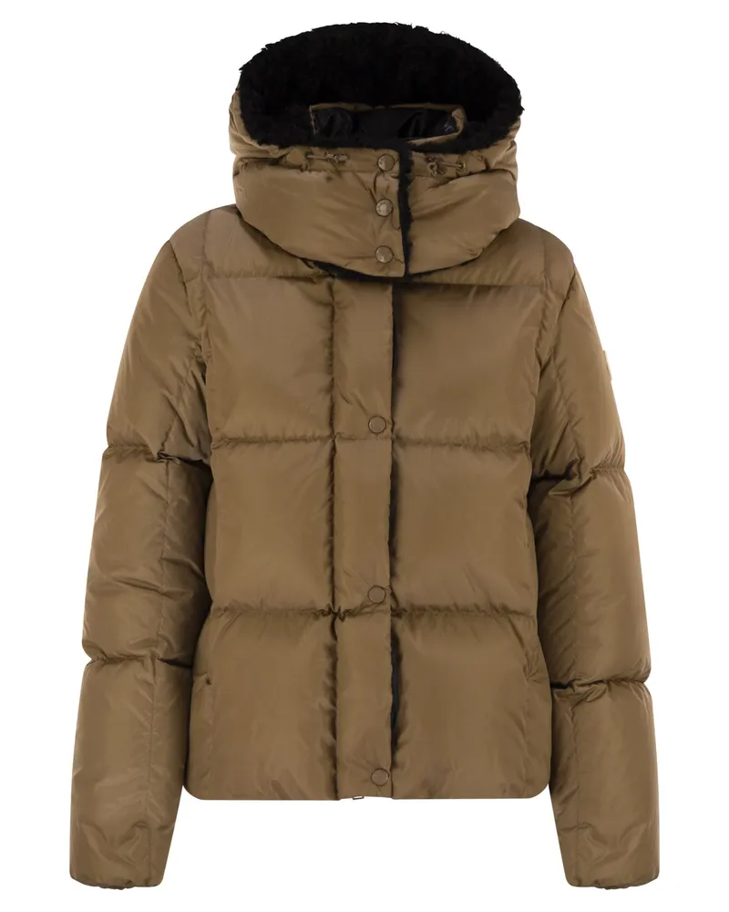 Moncler Castelnou Short Down Jacke mit Kapuze und quadratischem Quilt Beige