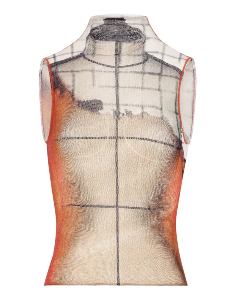 Jean Paul Gaultier White Tulle Tanktop mit "Feuer" -Drucken und drapiertem Futter 150100