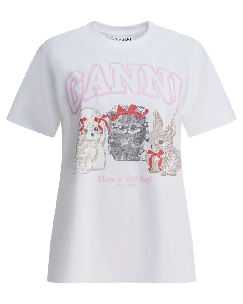Ganni Cute Animals“ T-Shirt aus Baumwolle White