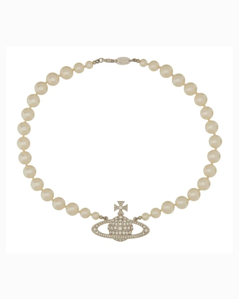 Vivienne Westwood Pearl Choker mit Orb Bas Relief Silver