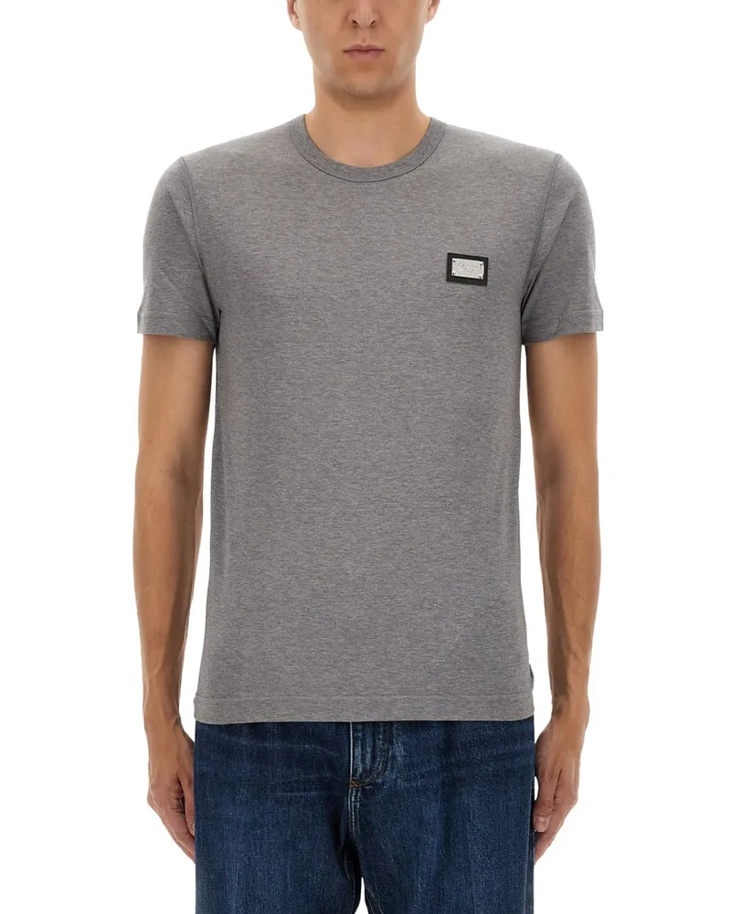 Dolce & Gabbana Baumwoll -T -Shirt mit Logo Plaque Grey