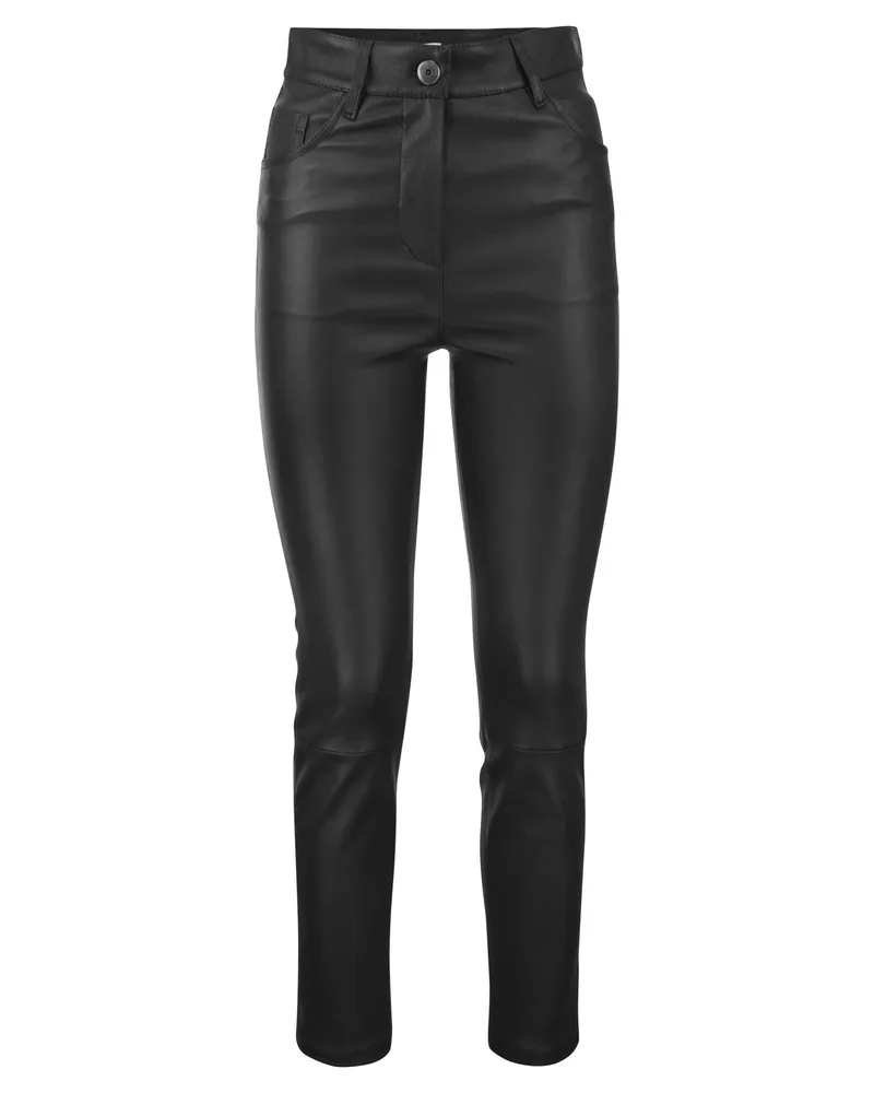 Brunello Cucinelli Stretch Nappa Leder Schlankehosen mit glänzender Tab Schwarz