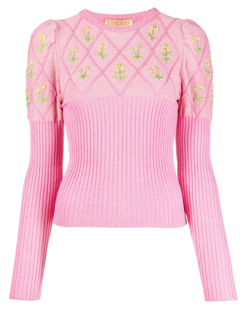 CORMIO besticktes glitzerndes Baumwoll-T-Shirt Pink