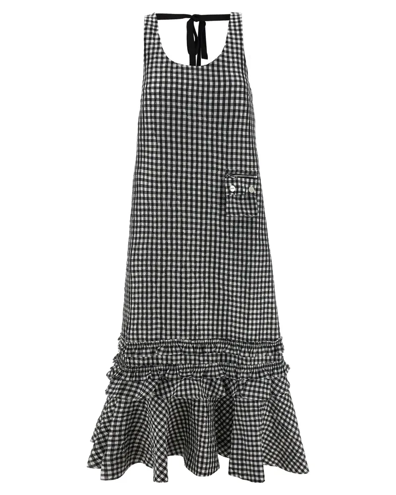 Ganni zerknitterter Scheck lang' Kleid Black