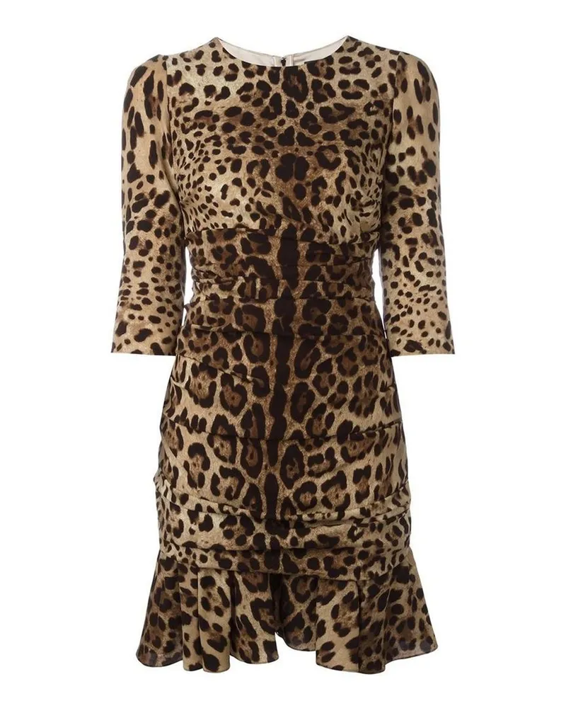 Dolce & Gabbana Seidenkleid mit Leopardenmuster und Rüschen Brown