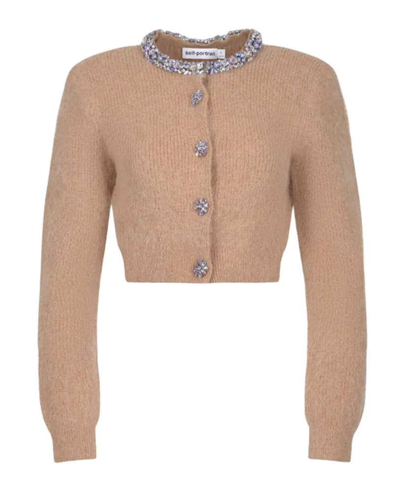 Self-Portrait Selbstporträt-Strickjacke in Beige mit Kristallen Brown