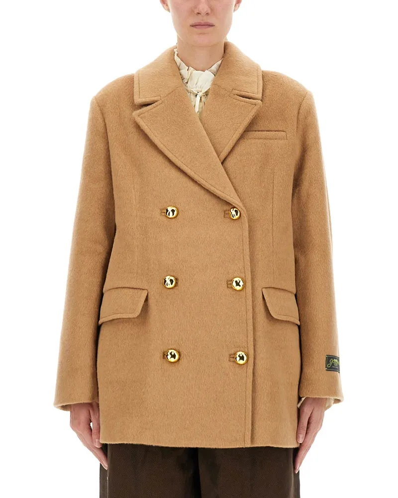 Ganni Double Breasted Wool Blazer Brown