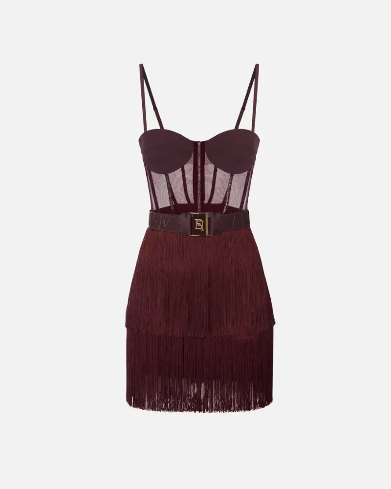 Elisabetta Franchi Mini -Kleid in Tüll und Fransen Vino