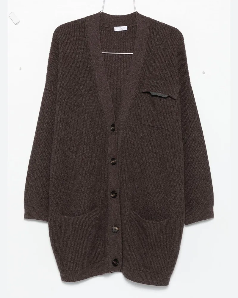 Brunello Cucinelli Cashmere gegen Hals -Strickjacke Brown