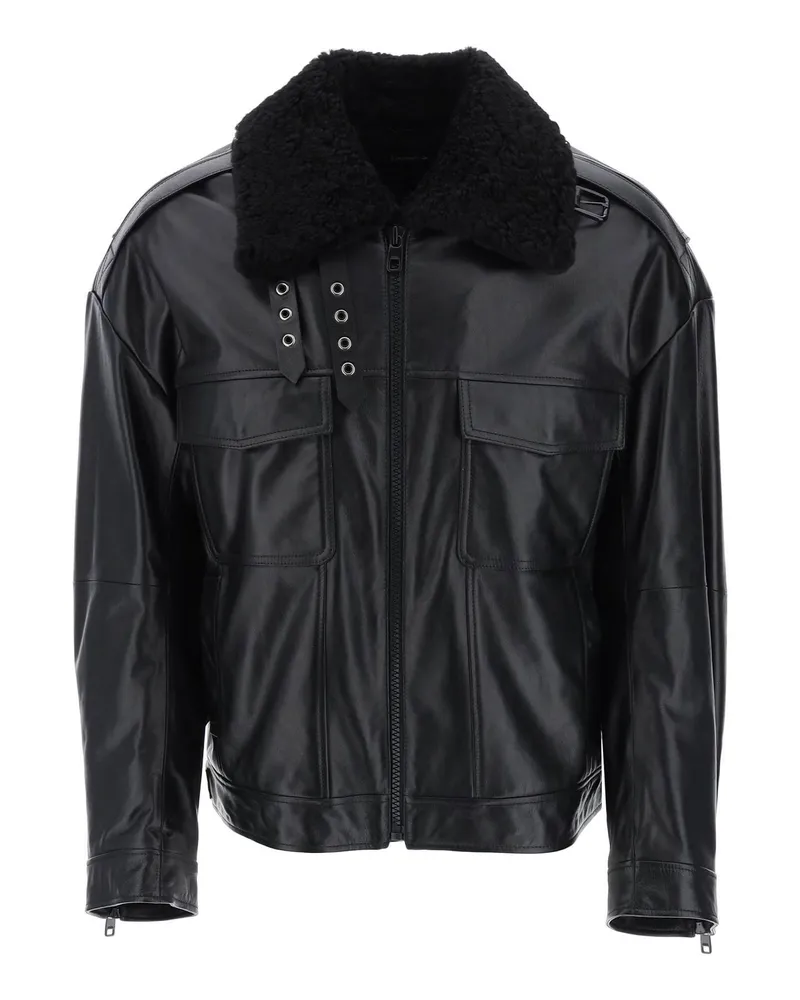 Dolce & Gabbana Leder- und Pelzbikerjacke Schwarz