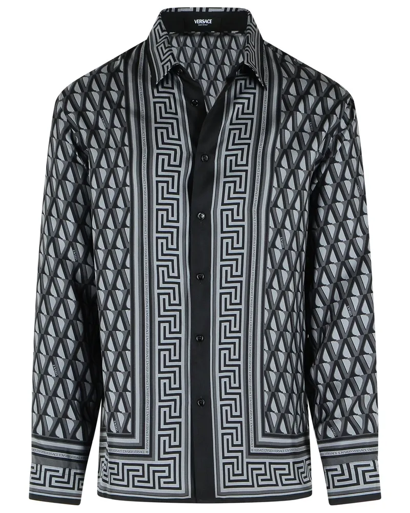 Versace Slim-Hemd aus bedrucktem Seidentwill in Schwarz und Grau Grey