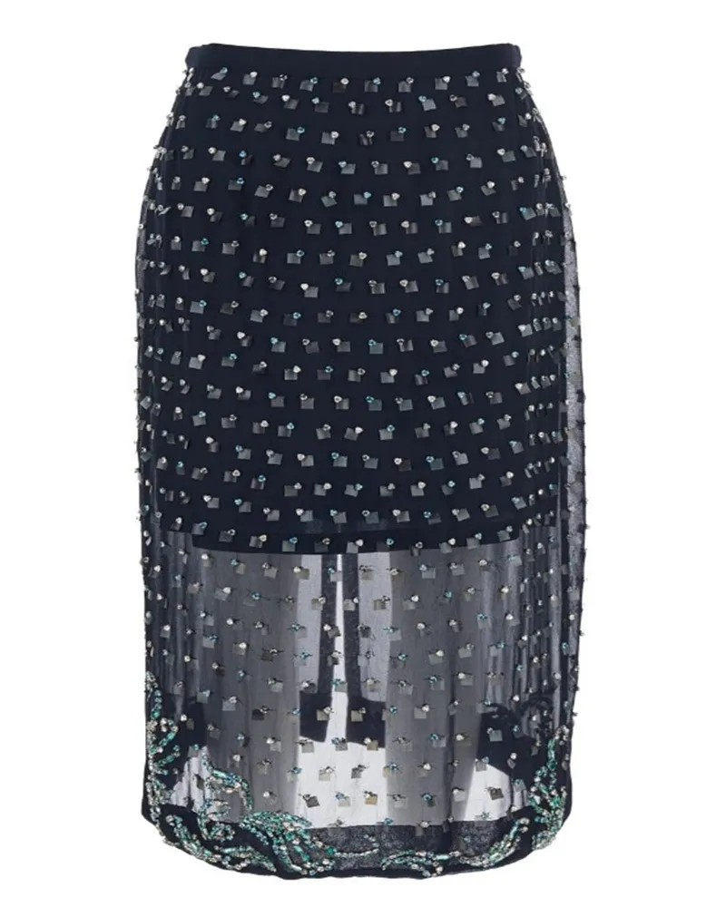 Dries van Noten Blauer Georgette-Midirock mit bestickten Kristallen 509	navy