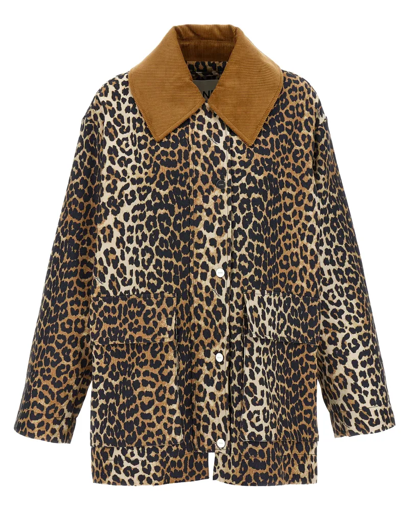 Ganni Leopard bedruckte Leinwand Midi' Jacke Brown