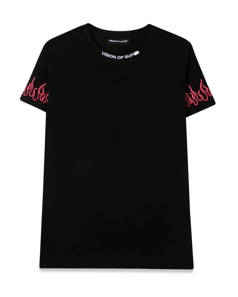 Vision Of Super Vision von superschwarz gestickter T -Shirt Fuchsia Flame Black
