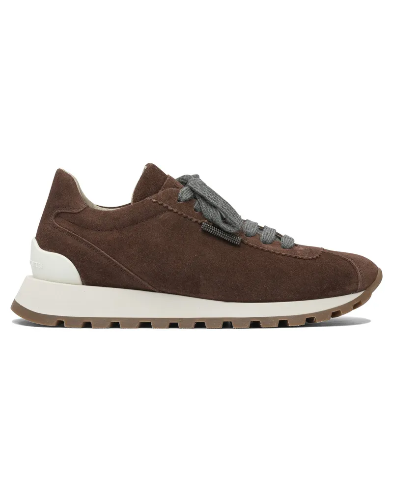 Brunello Cucinelli Wildleder-Sneaker „Runners“ mit glänzender Lasche Bordeaux