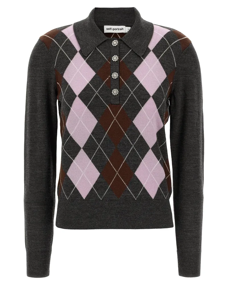Self-Portrait Selbstporträt-Pullover „Grey Argyle Lightweight Gray