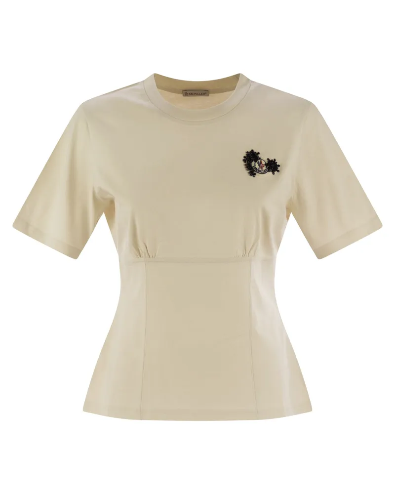 Moncler Baumwoll -T -Shirt mit handgefertigten Perlen Cream