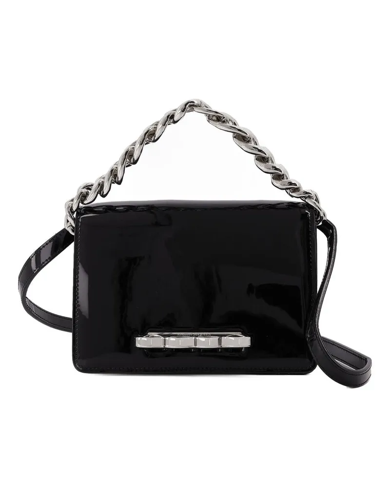 Alexander McQueen Vier Ring Mini -Kettenbeutel in schwarzem Lackleder Schwarz