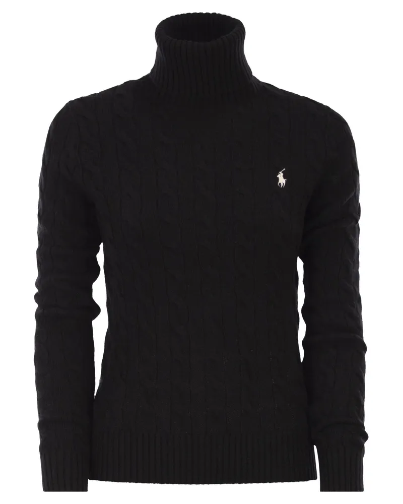 Ralph Lauren Rollkragenpullover aus Wolle und Kaschmir mit Zopfmuster Black