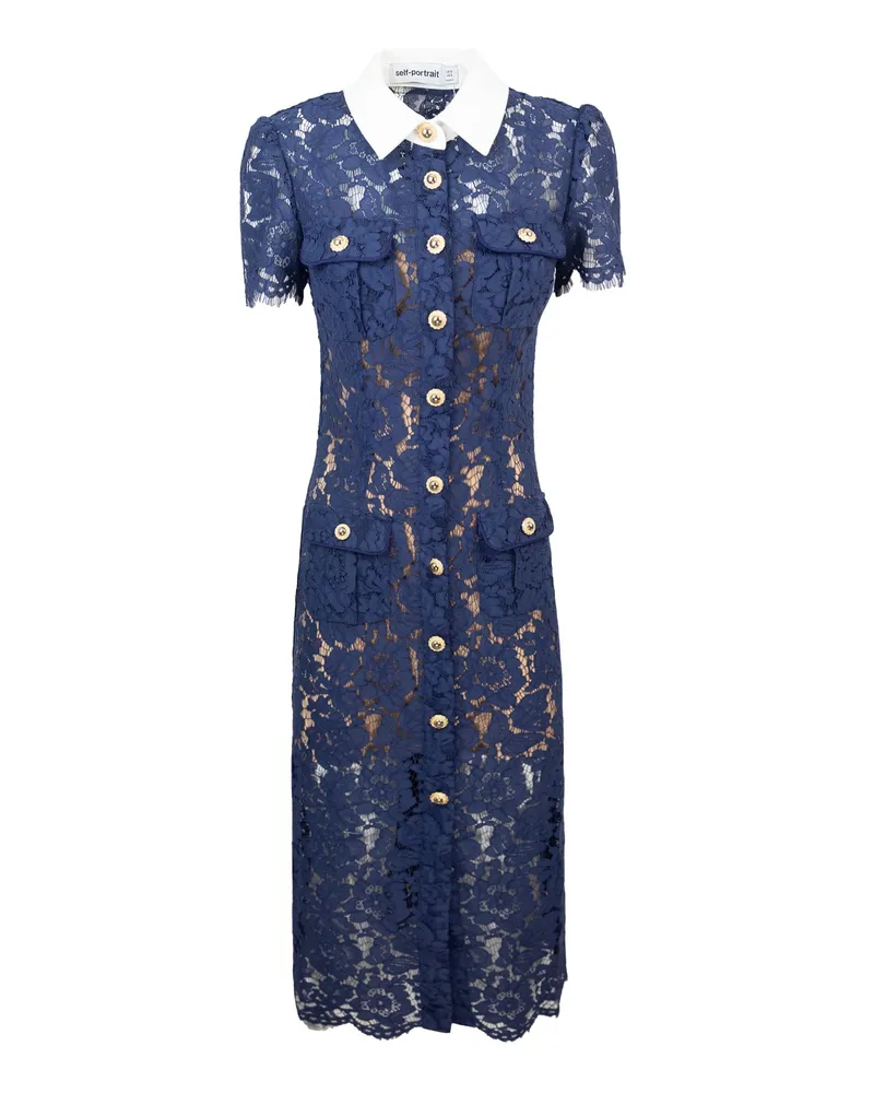 Self-Portrait Selbstporträt Abito Midi Navy Spitzenkontrastkragen Blue