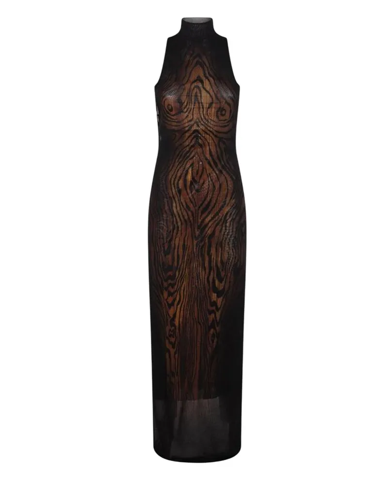 Jean Paul Gaultier Long Mesh Kleid Doppelschicht "Holz" gedrucktes langes Netzkleid 0060