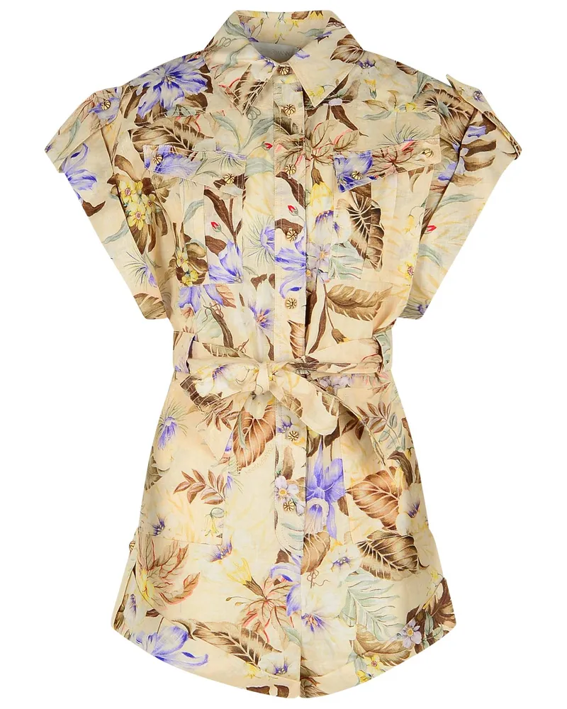 Zimmermann Coco' ein Stück Jumpsuit im Beige -Leinen mit Multiblumen Cream