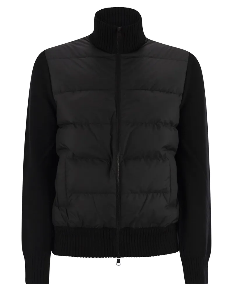 Moncler Woll gepolsterte Strickjacke mit Reißverschluss Black